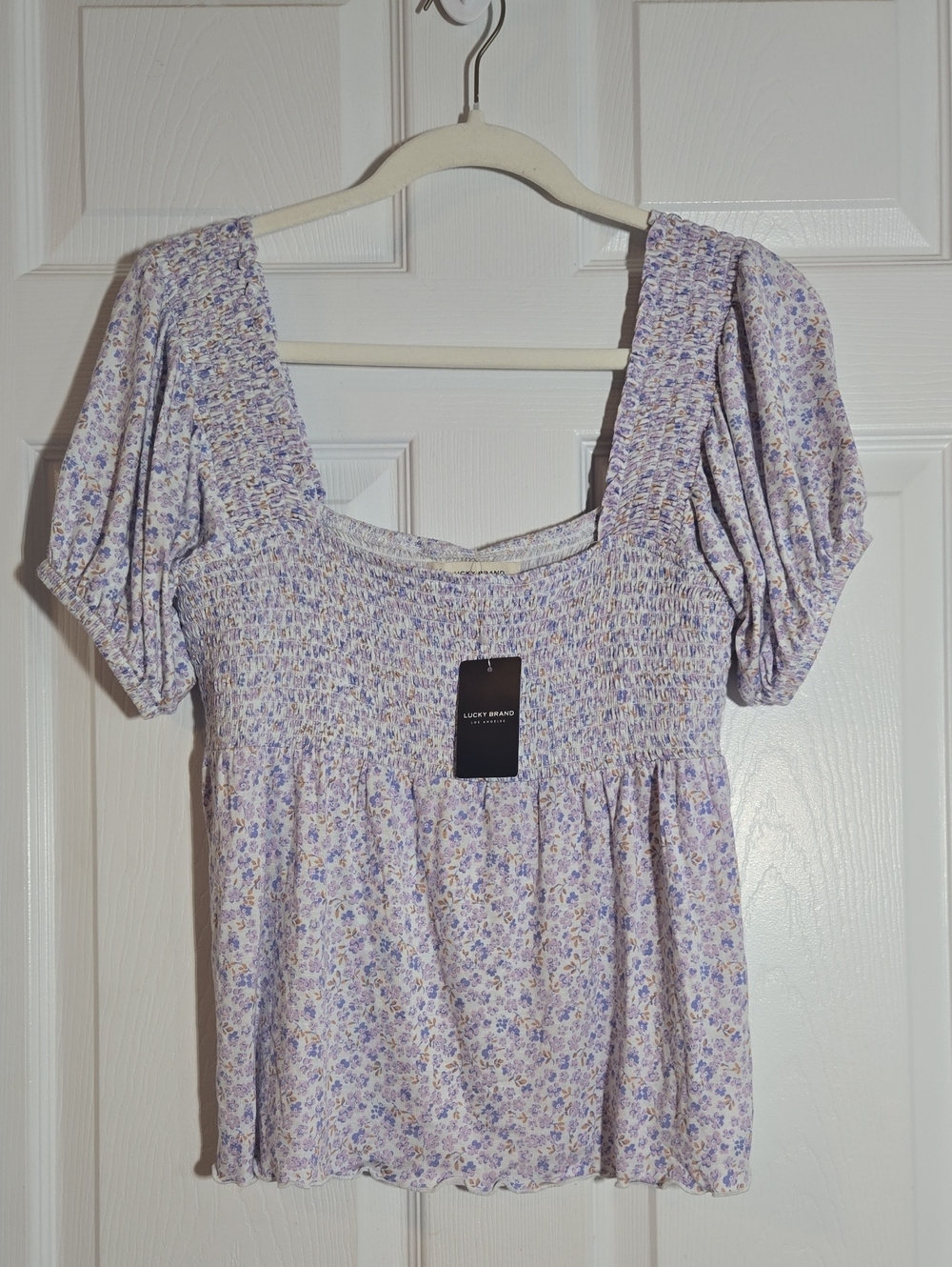 Lucky Brand Lavender Floral Smocked Square-Neck Blouse Size Medium New
